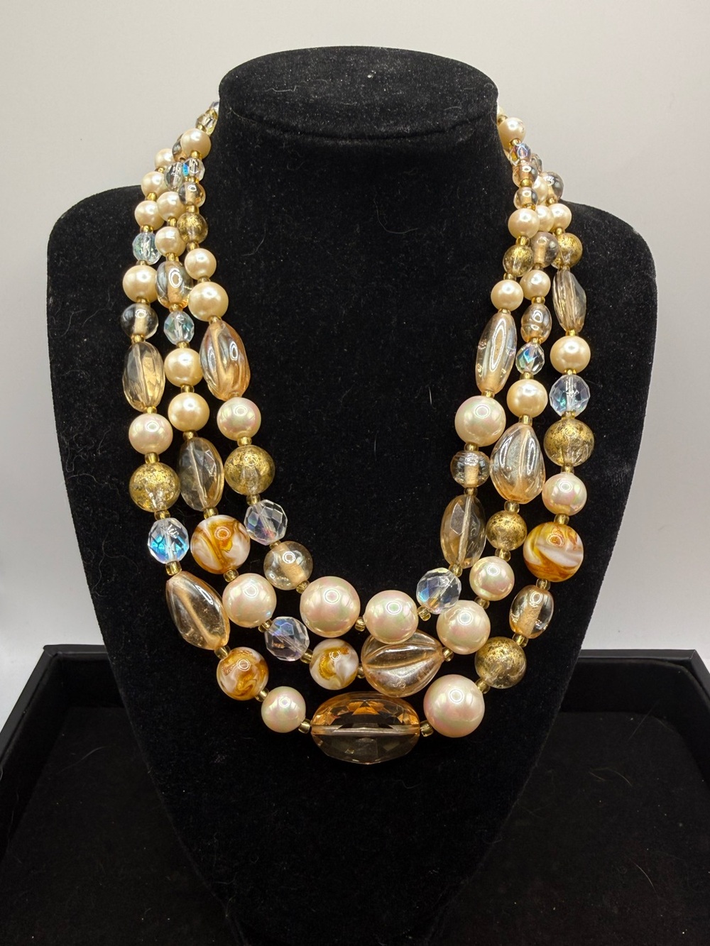Vintage 18” Multi Strand Pearl Crystal Glass Statement Necklace